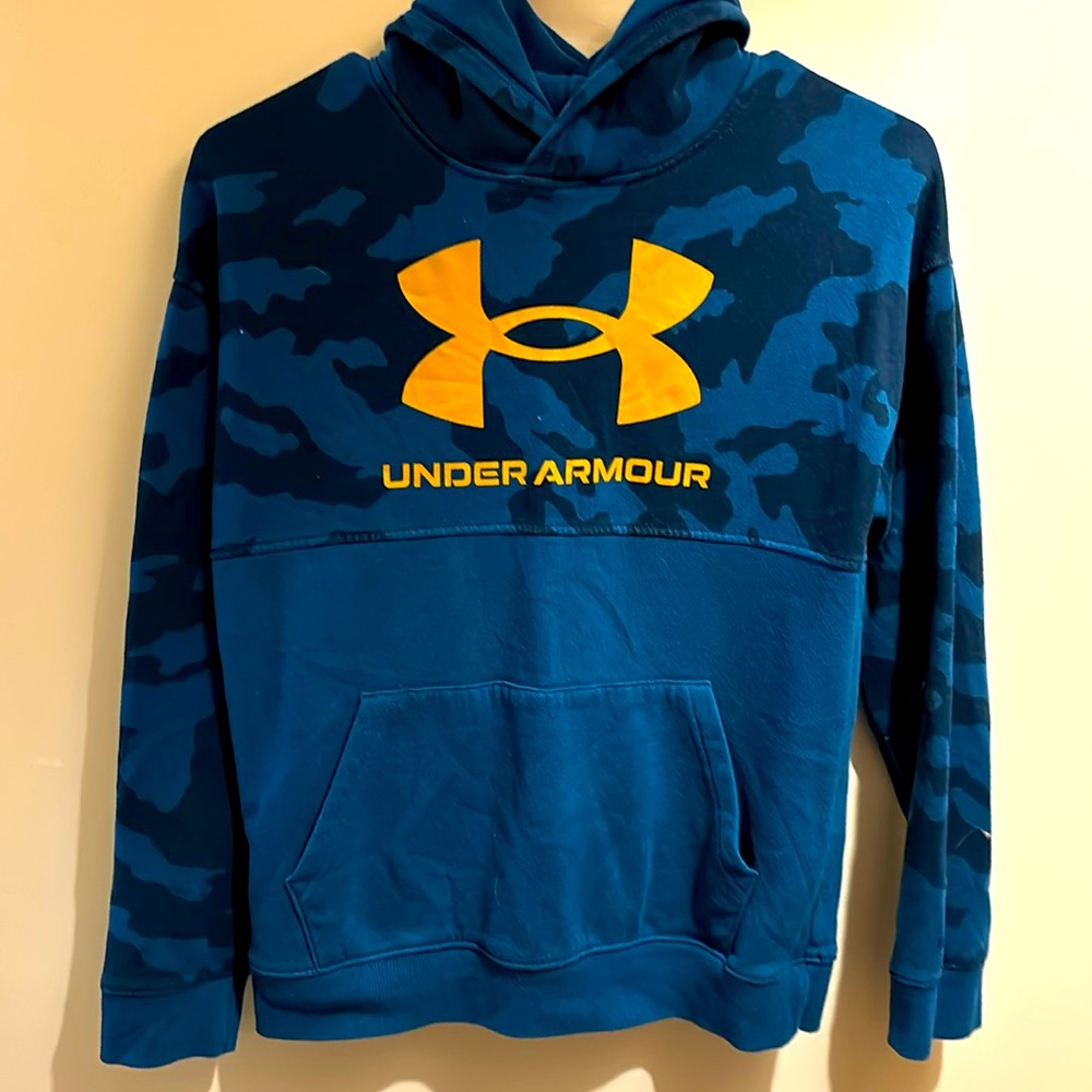 Under Armor blue camo hoodie with yellow logo